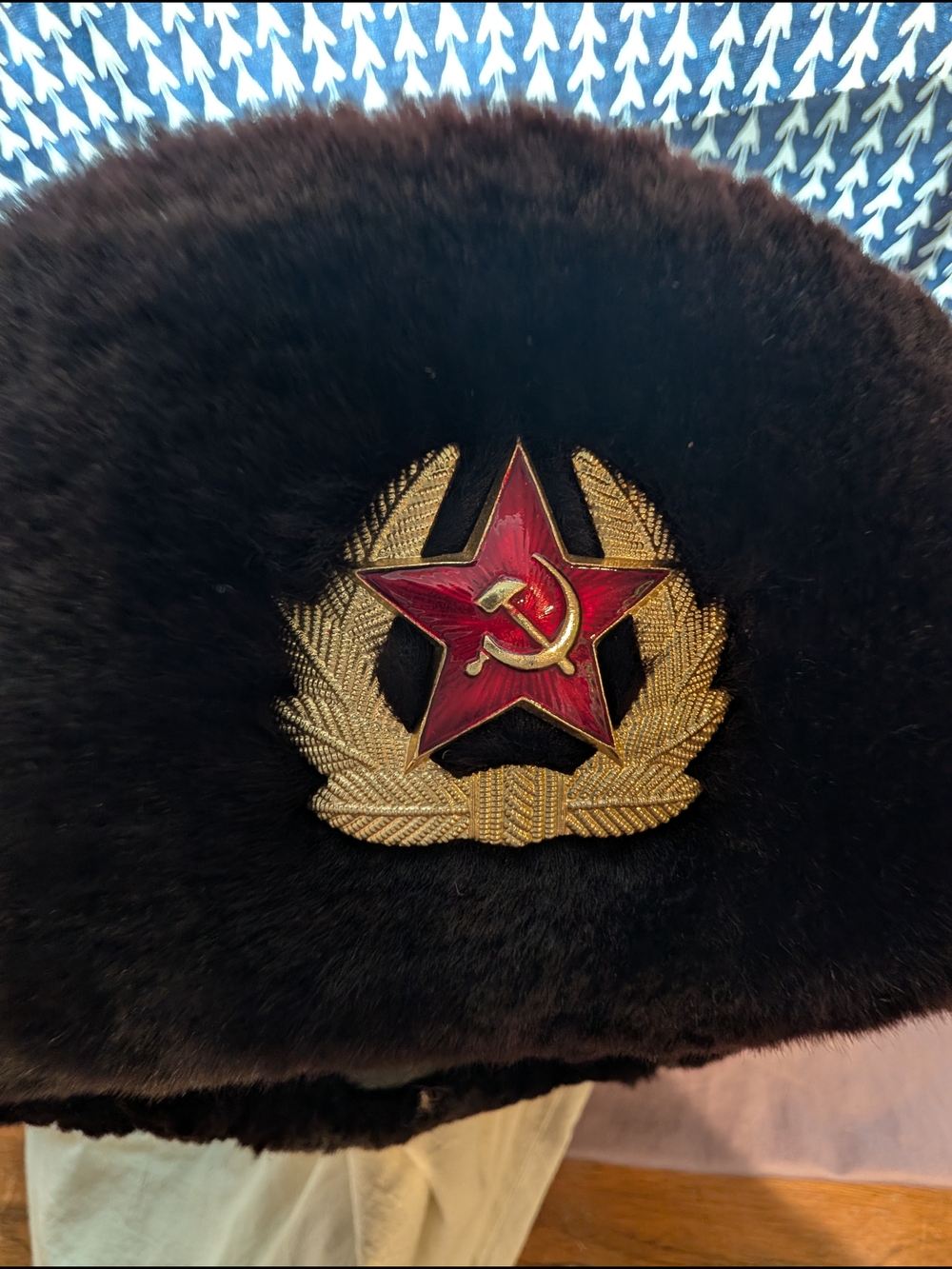 Black Fur Ushanka Hat with Red Star Emblem